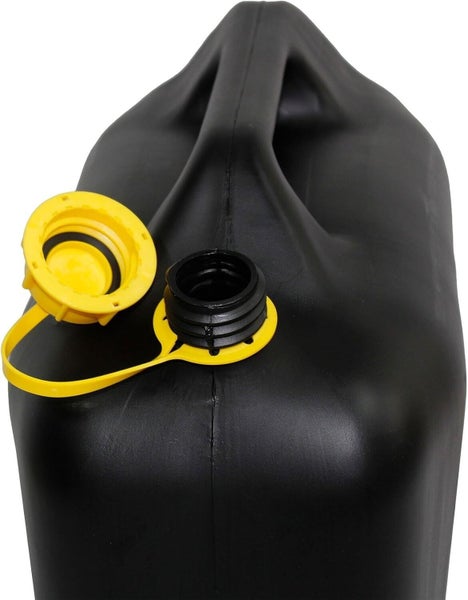 Schwarzer Kraftstoffkanister aus Kunststoff mit gelbem Verschluss