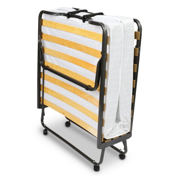 Zusammengeklapptes Gästebett mit Lattenrost und Matratze auf Rollen