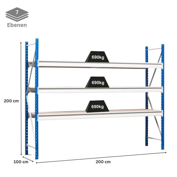 PROREGAL Weitspannregal Maximus Pro Grundregal HxBxT 200 x 200 x 100 cm 7 Ebenen Spanplatten Fachboden Fachlast 690 kg Lichtblau & Lichtgrau
