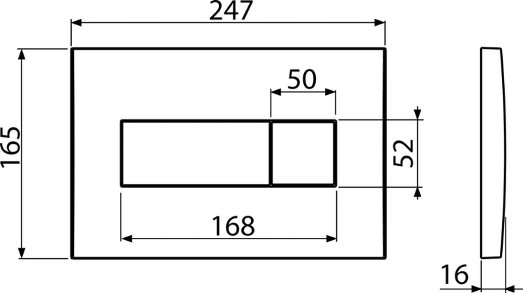 Maßzeichnung einer Betätigungsplatte mit den Maßen 247 mal 165 Millimeter.