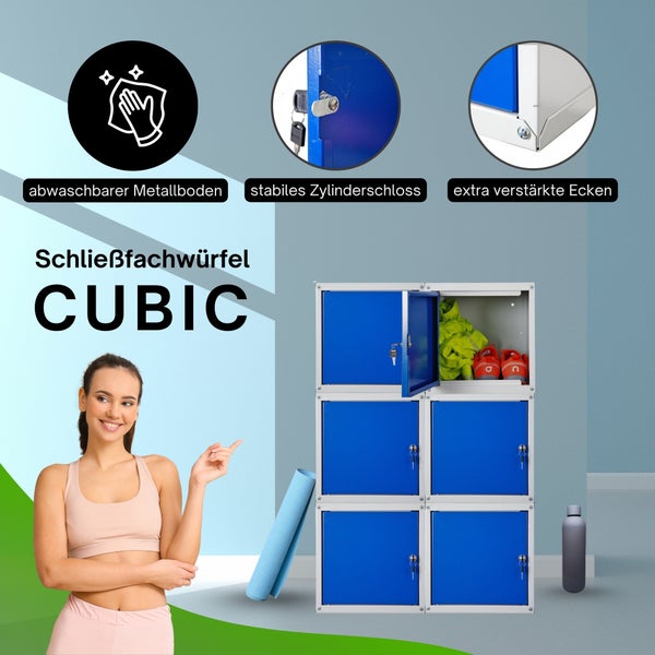 Schließfachwürfel CUBIC aus Metall mit sechs Fächern, Zylinderschloss, verstärkten Ecken und abwaschbarem Boden in einer hellen Sportszene.