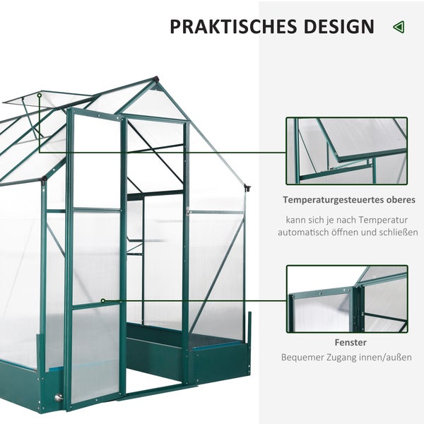 Outsunny Gewächshaus, 250 x 190 x 219 cm, 4 mm PC Sonnenschutzplatte, Aluminium, Transparent+Grün