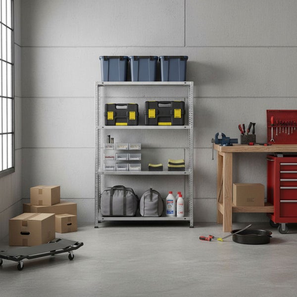 Organisierte Werkstatt mit einem Metallregal, Aufbewahrungsboxen, einer Werkbank aus Holz und einem roten Werkstattwagen auf Rollen.