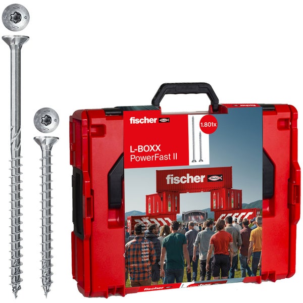 Fischer L-BOXX PowerFast II Schraubensortiment mit 1801 Stück in verschiedenen Größen, roter Kunststoffkoffer.