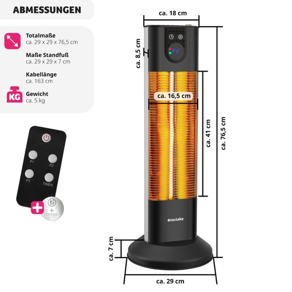 Infrarotheizstrahler tectake Solaris Terra 29 x 29 x 76,5 cm 3 Leistungsstufen 500, 1000 und 1500 W schwarz