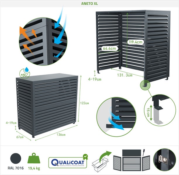 Klimaanlagen-Abdeckung ANETO XL, Anthrazit, Maße 136 mal 67 mal 122 Zentimeter, Gewicht 19,4 Kilogramm, wetterfest, Qualicoat Logo, technische Details.