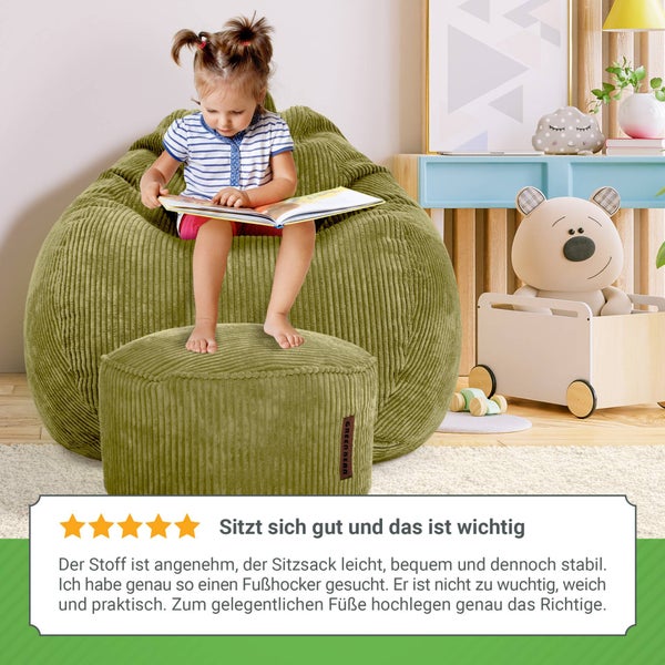 Green Bean 2er Set Indoor XXL Sitzsack + Pouf mit EPS-Perlen Füllung - Fußhocker Fußkissen Hocker Bodenkissen Liegekissen Sitzkissen Lounge Chair - Grün