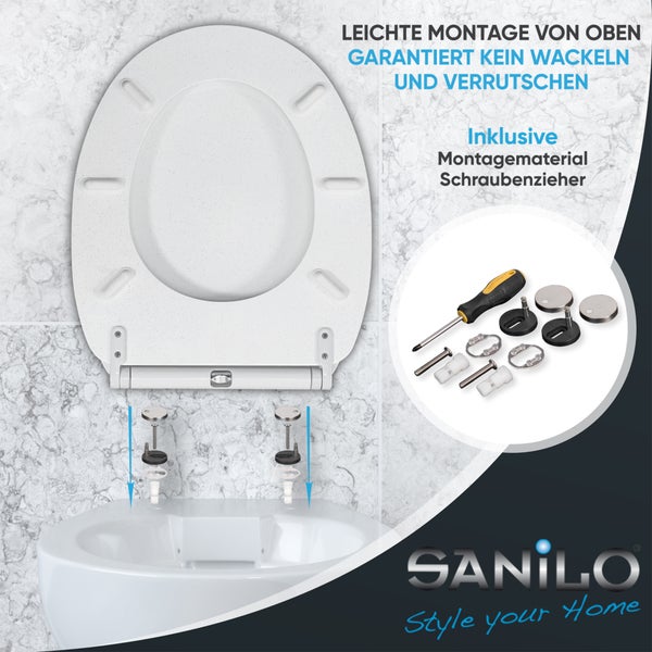 Sanilo Toilettensitz inklusive Montagematerial und Schraubenzieher. Die Abbildung zeigt die einfache Montage von oben. Sanilo Logo.