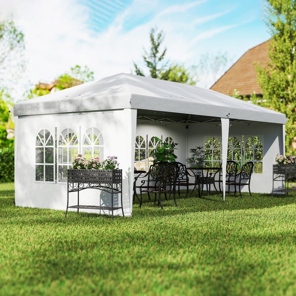 Outsunny Pavillon ca. 3x6m Wasserdicht Pop-up Faltpavillon mit UV-Schutz, Fenster, Partyzelt mit 4 Seitenwänden, Oxford Gartenpavillon inkl. Tragetasche Gartenzelt für Balkon, Terrasse, Weiß