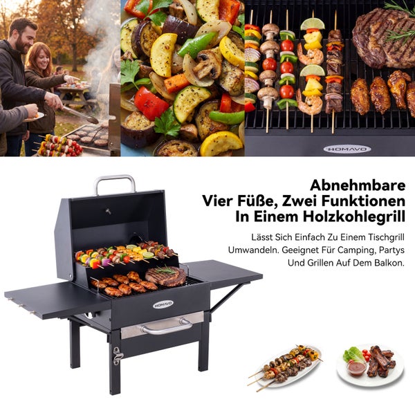 Holzkohlegrill mit Grillgut und Gemüse