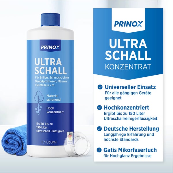 PRINOX® Ultraschallreiniger Konzentrat 2x 1030ml inkl. Mikrofasertuch I Extrem ergiebig für 700 Bäder je Flasche - Für Brille, Schmuck, Gebiss, Kleinteile - Ultraschallgeräte, Ultraschallbad