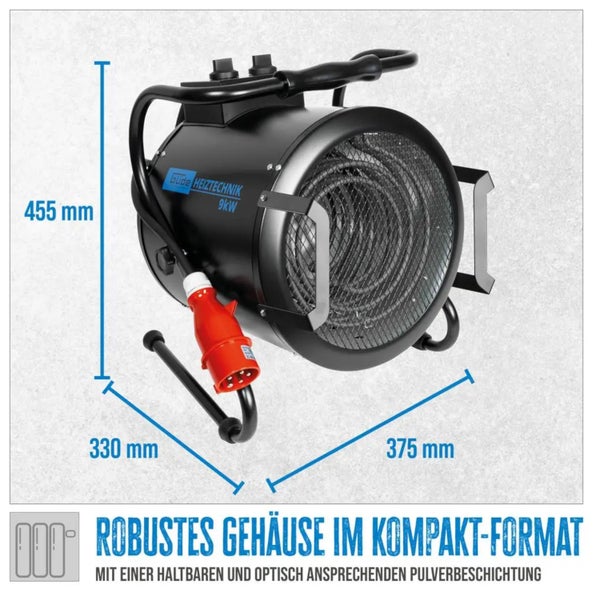 Elektrische Heizkanone mit den Maßen 455 mm Höhe, 330 mm Tiefe und 375 mm Breite