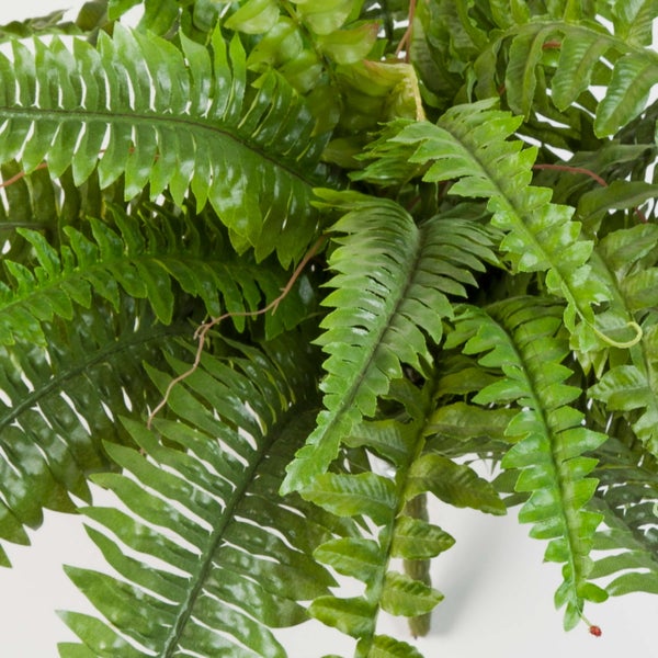 Detailansicht eines künstlichen Farns mit naturgetreuen grünen Wedeln.