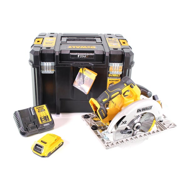 DeWalt Akku-Handkreissäge Set mit TSTAK Werkzeugkoffer, Ladegerät und Akku.