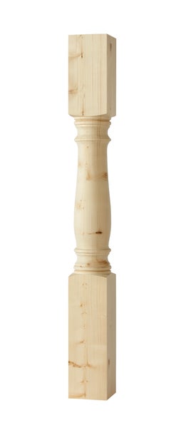 Gedrechselter Treppenpfosten aus unbehandeltem Holz mit quadratischer Basis und Kopf für Geländer.