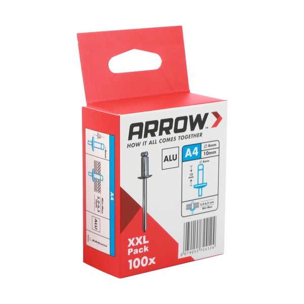 Arrow Blindnieten aus Aluminium im XXL Pack mit 100 Stück, Durchmesser 4 Millimeter und Länge 10 Millimeter.