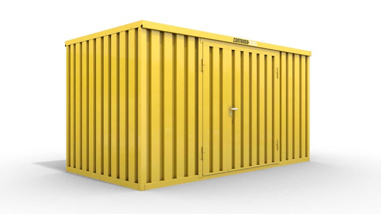 Lagercontainer XL  – 10 qm, H2150 x B5080 x T2170 mm, Außenwandlackierung RAL 1003 signalgelb, Dach außen verzinkt, mit Holzfußboden, 1830 mm Doppelflügeltür mittig in Breitseite, montiert