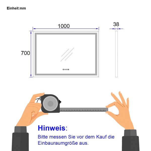 EMKE LED Badspiegel mit Beleuchtung 700×300 mm, Mattierter Spiegelrand, 4300K Neutrallicht, Antibeschlag & Uhr, Schwarzer Rahmen, für Badezimmer geeignet