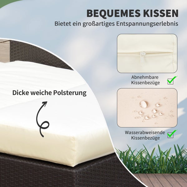 Outsunny Polyrattan Lounge-Sofa Zweisitzer-Gartensofa mit Liegefunktion, Gartenliege in Rattanoptik, ausfahrbare Fußbank mit Stauraum, mit Sitzkissen, Braun+Creme, 130 x 72 x 96 cm