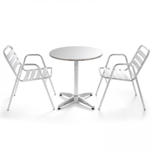 Bistro-Set bestehend aus einem runden Tisch und zwei Stühlen aus Aluminium mit Latten-Design.