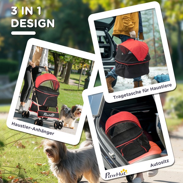 PawHut Hundewagen, 2 in 1 Hundetrolley, Tragetasche, faltbarer Hundebuggy mit Kissen, Katzenwagen für kleine Hunde, Katzen, Katzenbuggy mit  4 Rädern, Netzfenster, Oxfordstoff, Rot
