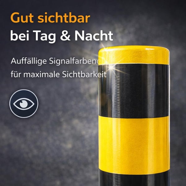 Rammschutzpfosten mit gelben und schwarzen Streifen für hohe Sichtbarkeit bei Tag und Nacht.