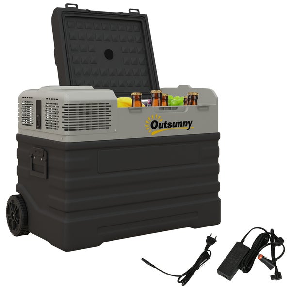 Outsunny Kompressor Kühlbox 56L, Kühlbox Auto 12/24V DC & 240V AC bis -20°C, Tragbar Gefrierbox mit ECO/MAX Modi, Mini Kühlschrank mit Teleskopstange, Rad, für Camping, Lkw, Boot und Steckdose