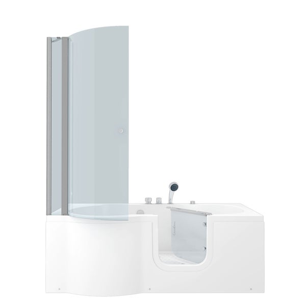 Helle, barrierefreie Sitzbadewanne mit integrierter Glastür und Duschtrennwand in einem modern gefliesten Badezimmer.