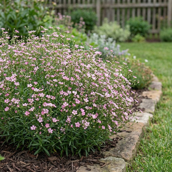 Teppich-Schleierkraut mit rosa Blüten in einem organisierten Gartenbeet mit Rindenmulch und Steinkante.