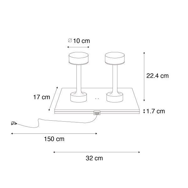 Maße Ladestation zwei Tischleuchten: Platte 32 mal 17 mal 1,7, Lampenhöhe 22,4, Durchmesser 10 Zentimeter, Kabellänge 150 Zentimeter.