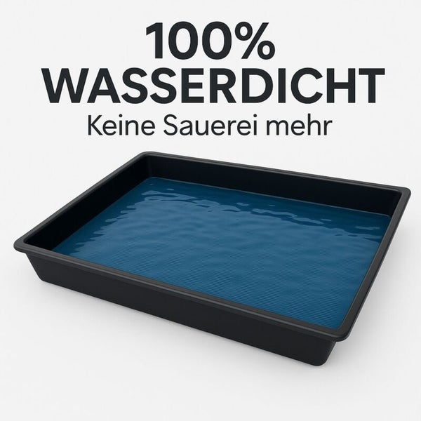 100 Prozent wasserdichte Auffangschale aus Kunststoff mit Wasser gefüllt, verhindert Schmutz.