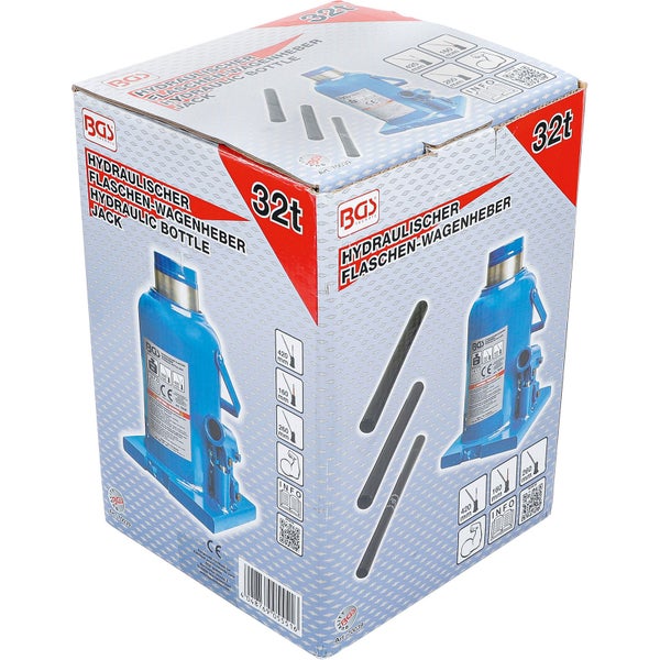 Blauer BGS Technic Hydraulischer Flaschen-Wagenheber mit 32 Tonnen Tragkraft und dreiteiligem Hebelstab, originalverpackt.
