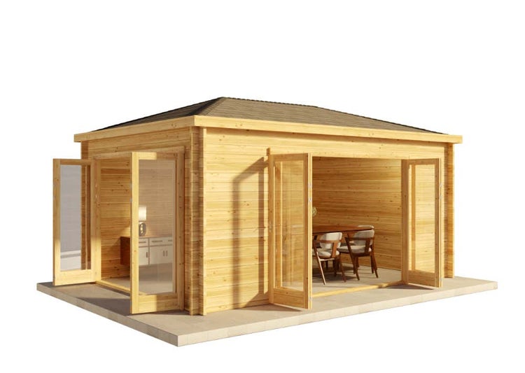 Gartenhaus aus Holz mit Walmdach und zwei geöffneten Doppeltüren aus Glas, Innenraum mit Tisch und Stühlen.