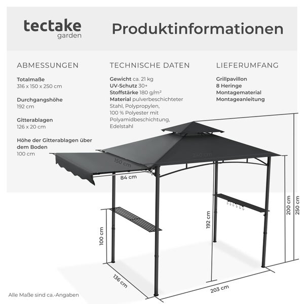 tectake Logo. Produktinformationen zum Grillpavillon mit Maßen, technischen Daten, Lieferumfang und bemaßter Darstellung des Produkts.