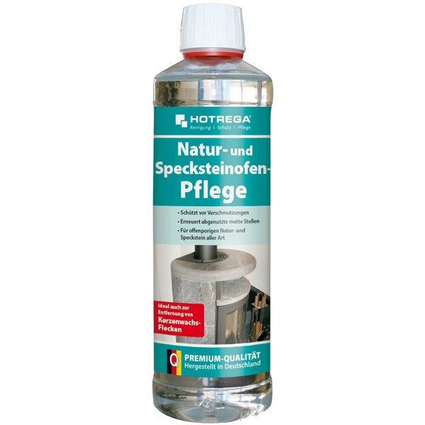 Hotrega Natur- und Specksteinofen-Pflege zur Reinigung und zum Schutz von Naturstein- und Specksteinöfen in einer Flasche.
