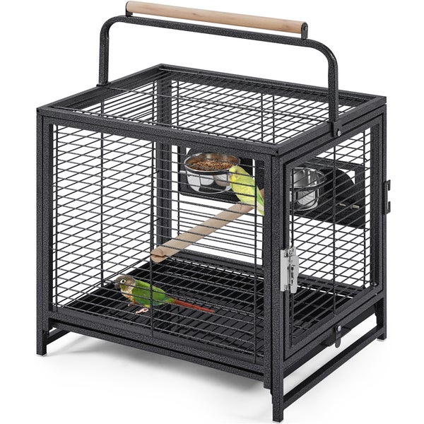 Vogelkäfig aus Metall mit zwei Vögeln, Sitzstange und Futternäpfen