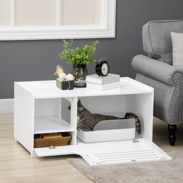 PawHut Katzenschrank für Katzentoilette Katzenklo Katzenhaus mit Magnettür Katzenkommode Katzenhöhle Beistelltisch Aufbewahrungsschrank erhöhtes Design Weiß 90 x 48 x 42,5 cm