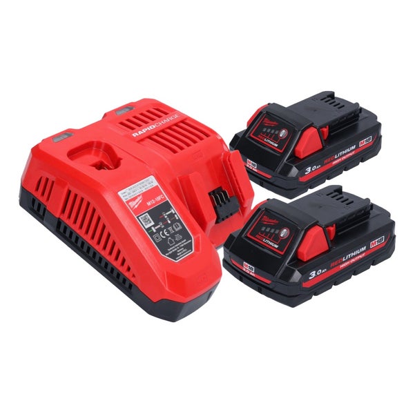 Milwaukee Akku- und Ladegerät-Set mit einem M12-18FC Schnellladegerät und zwei M18 Redlithium High Output 3,0 Ah Akkus.
