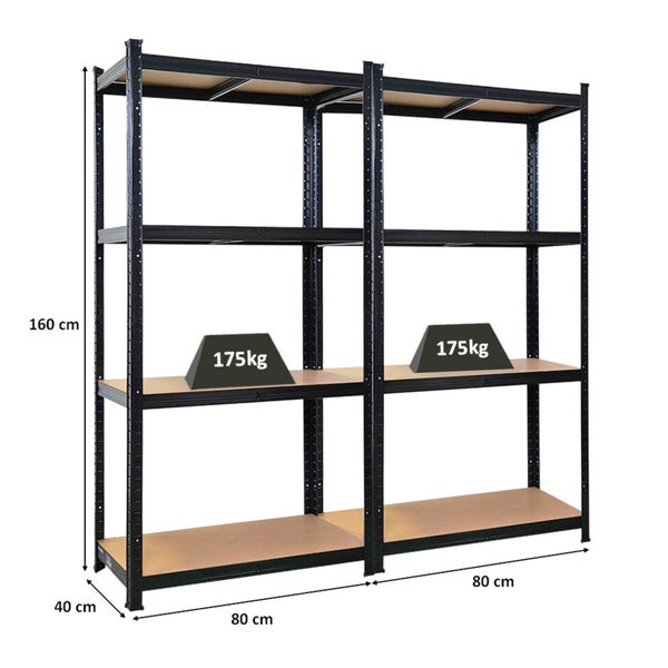 Zwei schwarze Schwerlastregale mit den Maßen 160 x 80 x 40 cm und einer Traglast von 175 kg.