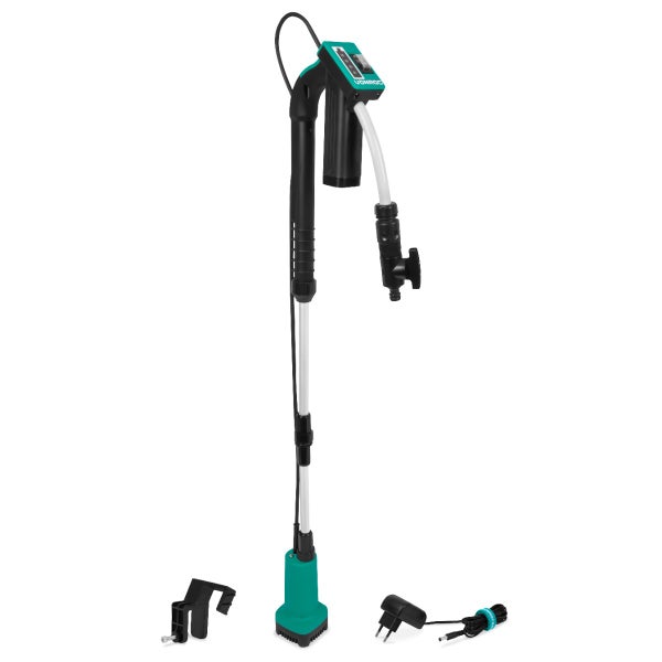 VONROC Akkubetriebene Regenwassertonnenpumpe 12V – 50W – 1500 l/h – Trockenlaufschutz – Universal-Schlauchkupplung – Inklusive Akku und Ladegerät