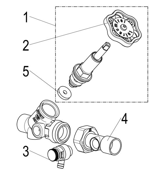 Explosionszeichnung eines Ventils mit nummerierten Einzelteilen wie Handrad, Ventiloberteil, Dichtung und Entleerventil.