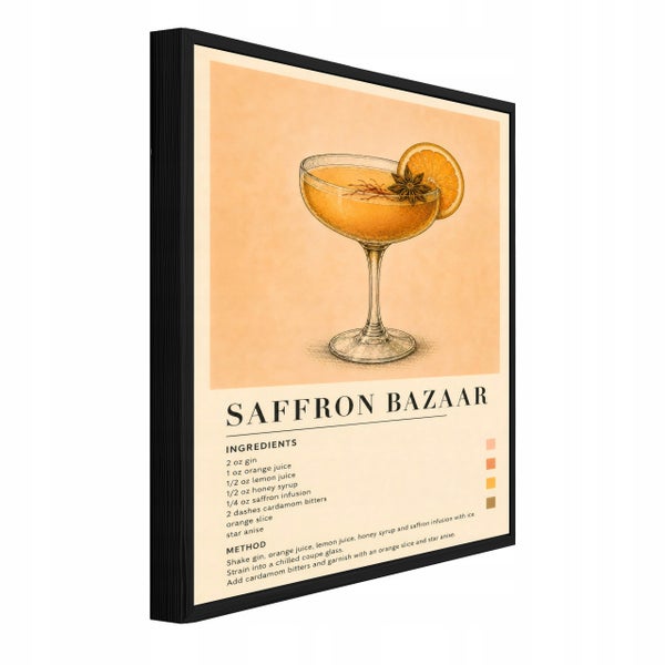 Gerahmtes Wandbild Saffron Bazaar mit Cocktailrezept Illustration in einer schwarzen Holzrahmenoptik.