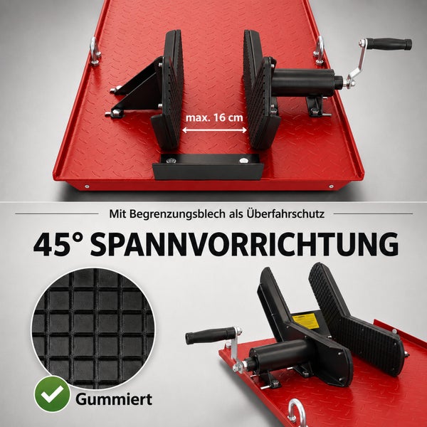 Verstellbare 45 Grad Spannvorrichtung für Motorradhebebühnen, maximale Breite 16 Zentimeter, gummierte Klemmbacken und Überfahrschutz.