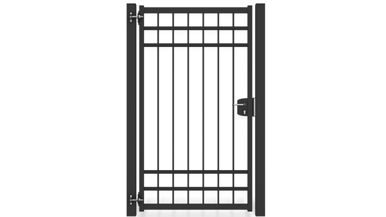 Gartentor ZAUNGURU BASIC-Linie Oldenburg Kreis aus Metall, Höhe: 183cm, Breite: 123cm, 1-flügelig inkl. Pfosten, Schloss und Zubehör, Feuerverzinkt und zusätzlich in RAL 7016 Anthrazitgrau pulverbeschichtet