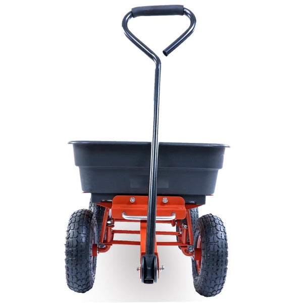 Kippbarer Gartenwagen mit Kunststoffwanne, Metallrahmen und Luftbereifung.