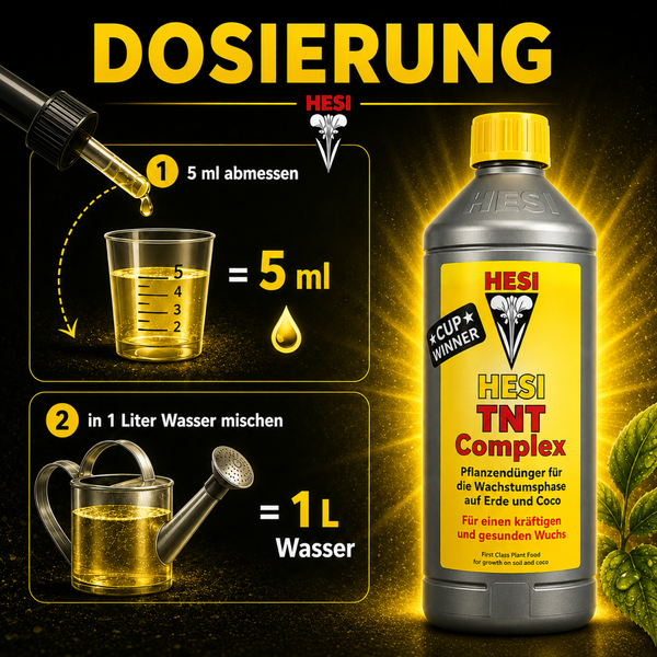 Hesi TNT Complex Pflanzendünger Flasche mit Dosierungsanleitung für 5 Milliliter auf 1 Liter Wasser.