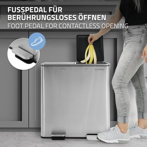 ML-Design Mülleimer Küche 2x30L (60L), Silber, Mülltrennsystem 2 Fächer, Treteimer zur Mülltrennung, Abfalleimer aus Edelstahl, herausnehmbarer Kunststoff Inneneimer, Klappdeckel, Softclose, luftdicht
