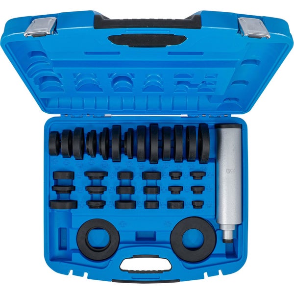 Werkzeugsatz mit Dichtungsringen und Montagehülsen in blauem Koffer