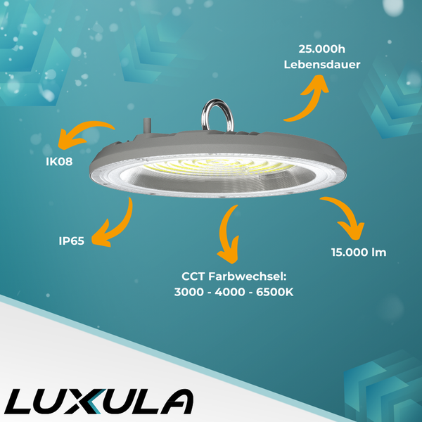 LUXULA LED HighBay UFO Hallenstrahler Grau 150W 15000lm CCT 3000-6500K Warm Neutral Kaltweiß IP65 Hallenleuchte