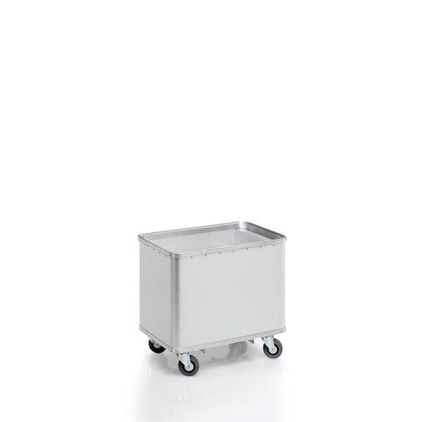 Transportwagen aus Aluminium, offener Behälter mit Lenkrollen für Lager und Transport.